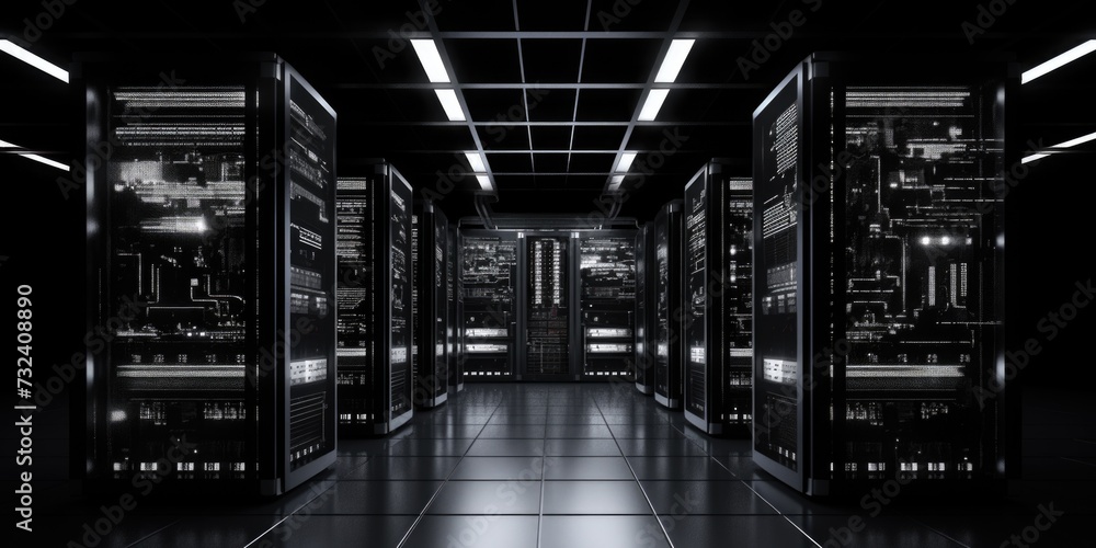 Fototapeta premium A black and white photo capturing the essence of a server room. Perfect for illustrating technology, data storage, or the digital age