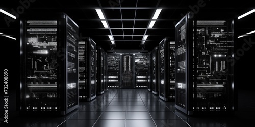 A black and white photo capturing the essence of a server room. Perfect for illustrating technology, data storage, or the digital age