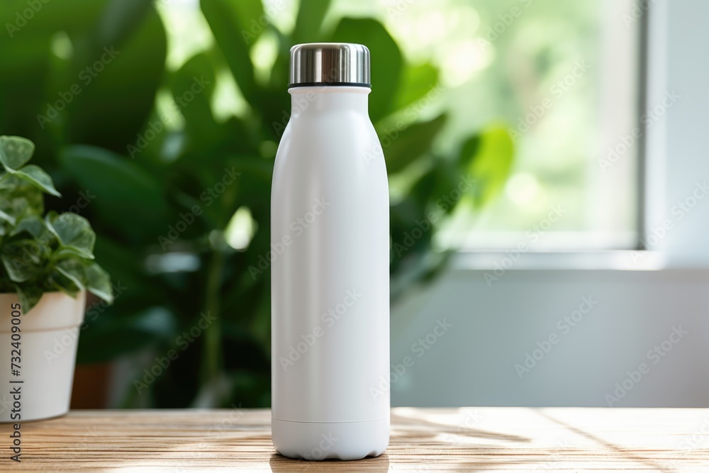 A white water bottle placed on a wooden table. Suitable for hydration and healthy lifestyle concepts A white water bottle placed on a wooden table. Suitable for hydration and healthy lifestyle concepts