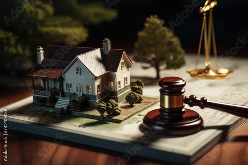 Miniature house placed on a table alongside a judge's gavel. Ideal for legal, real estate, or law-related concepts