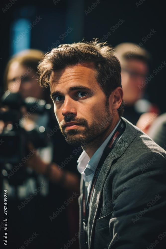 A man dressed in a suit sits in front of a camera. This image can be used for corporate, business, or professional themes