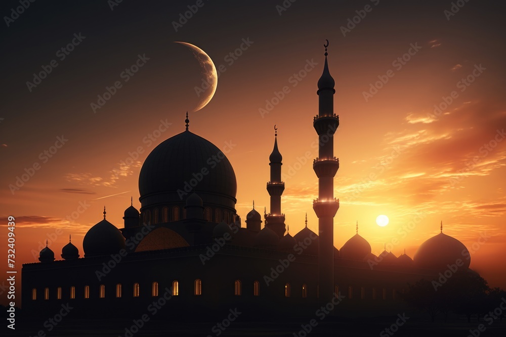 A stunning sunset view of a mosque with a crescent in the sky. This image captures the beauty and serenity of the moment. Perfect for religious or cultural themes