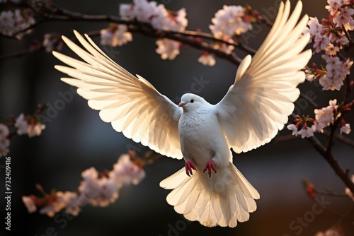 A white dove gracefully flies through the air with its wings spread wide. This image captures the beauty and freedom of the dove in motion. Perfect for various uses