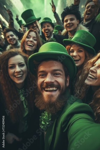 A picture of a group of people wearing matching green hats and suits. This image can be used for various occasions and themes