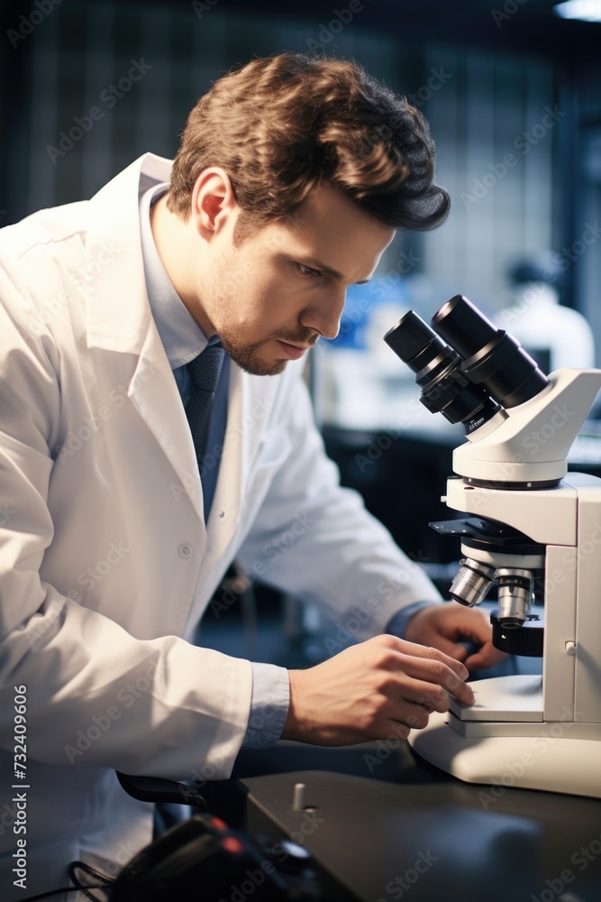 A man wearing a lab coat is seen peering through a microscope. This image can be used to depict scientific research or laboratory work A man wearing a lab coat is seen peering through a microscope. This image can be used to depict scientific research or laboratory work