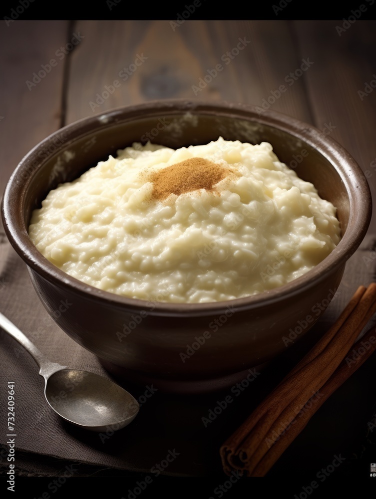 Delicious rice pudding with cinnamon in bowl, closeup Delicious rice pudding with cinnamon in bowl, closeup