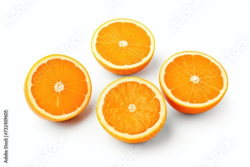 A group of oranges cut in half on a white surface. Perfect for food and citrus-themed designs