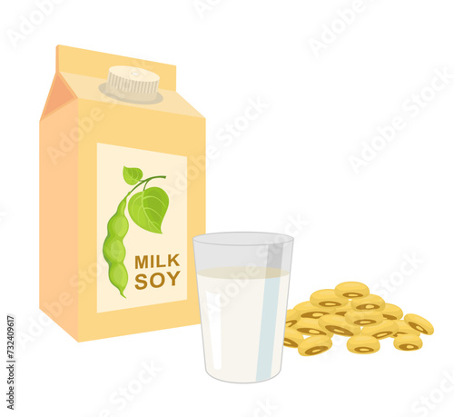 Soy milk package, soybeans and soy milk in glass. Soybean product. Vector illustration isolated on white background.