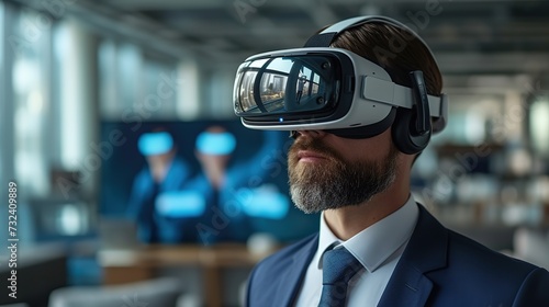 A businessman in a suit wears a VR headset, possibly participating in a virtual meeting or exploring a virtual reality office environment. © Rattanathip