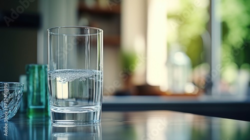 A glass of water sitting on top of a counter. Can be used to represent hydration, refreshment, or a healthy lifestyle