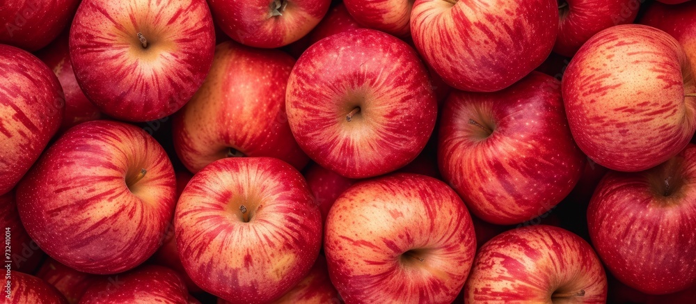 A stack of red apples, a seedless fruit, forms a beautiful display of natural food on the table, showcasing its vibrant red color. A stack of red apples, a seedless fruit, forms a beautiful display of natural food on the table, showcasing its vibrant red color.