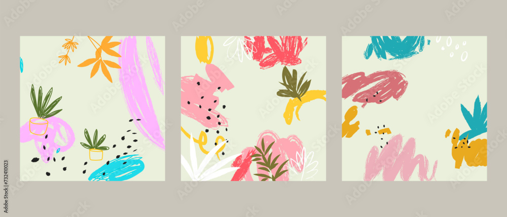 Set of botanical floral wall art , poster, brochure, flyer template, cover and cards. Contemporary collage organic shapes and pattern doodle abstract.