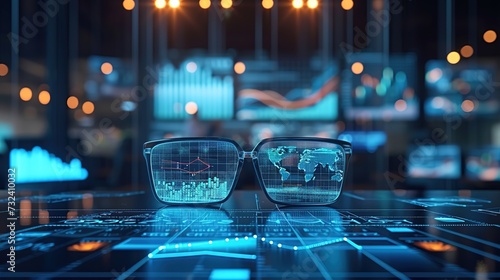 A close-up of smart eyewear projecting sophisticated global analytics and data patterns on transparent screens.