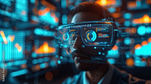 Portrait of a businessman wearing advanced smart glasses with a holographic interface and data analytics in a high-tech environment.