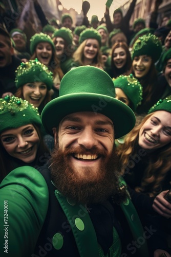 A joyful group of people wearing green hats, all smiling and enjoying themselves. Perfect for St. Patrick's Day events or any festive occasion