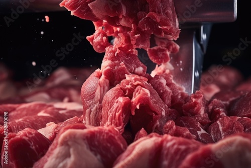 A close-up image of a bunch of raw meat being skillfully cut into pieces. Ideal for illustrating food preparation and cooking techniques