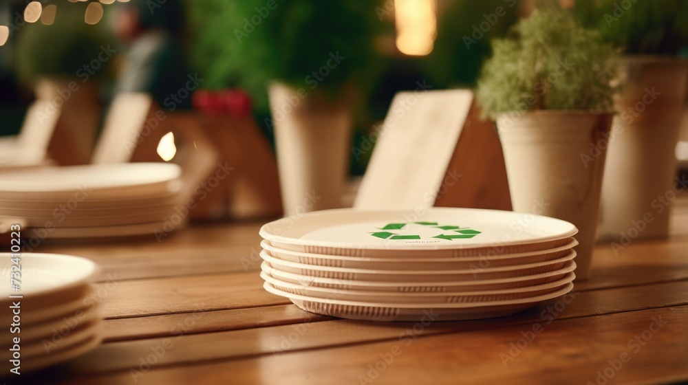 A stack of plates sitting on top of a wooden table. Suitable for restaurant menus or kitchen-themed designs A stack of plates sitting on top of a wooden table. Suitable for restaurant menus or kitchen-themed designs