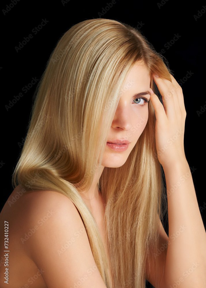 Naklejka premium Beauty, hair and portrait of woman with straight hairstyle, salon care and keratin isolated in dark studio. Styling, treatment and face of blonde girl with healthy haircare shine on black background.