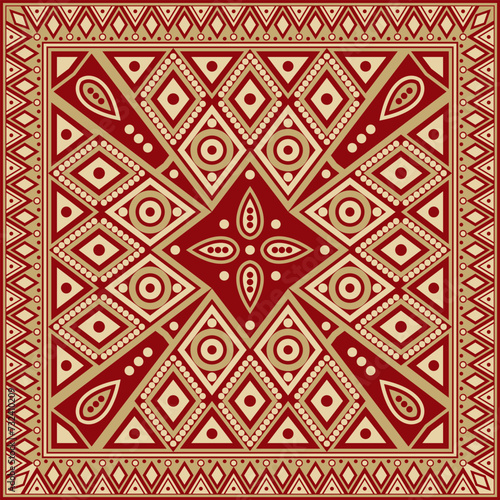 Vector gold with red square national Indian patterns. National ethnic ornaments, borders, frames. colored decorations of the peoples of South America, Maya, Inca, Aztecs.