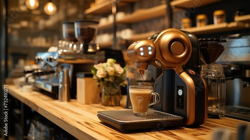 An automated robotic arm serves a fresh cup of coffee in a contemporary and cozy cafe setting, showcasing modern automation technology. © Rattanathip