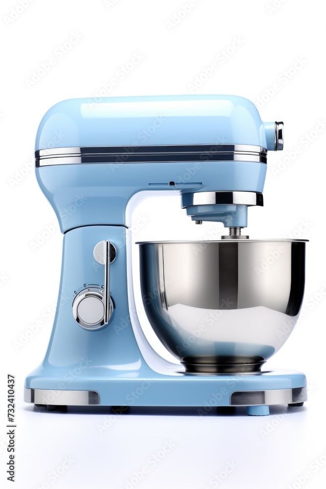 A blue stand mixer is pictured on a clean white surface. This versatile kitchen appliance can be used for mixing, blending, and whipping ingredients. Perfect for baking and cooking enthusiasts A blue stand mixer is pictured on a clean white surface. This versatile kitchen appliance can be used for mixing, blending, and whipping ingredients. Perfect for baking and cooking enthusiasts
