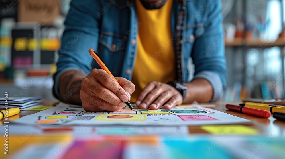 A detailed view of a designer's hand sketching a UX/UI layout with colored markers on paper, emphasizing a creative brainstorming process. A detailed view of a designer's hand sketching a UX/UI layout with colored markers on paper, emphasizing a creative brainstorming process.