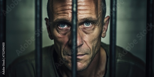 Close-up shot of a person behind bars. Can be used to depict imprisonment, incarceration, or confinement