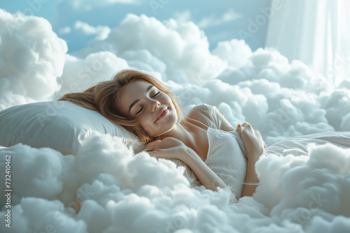 Happy Young beautiful woman sleeps and resting on a bed with a soft white dazzling pillows that float in the soft clouds. photo