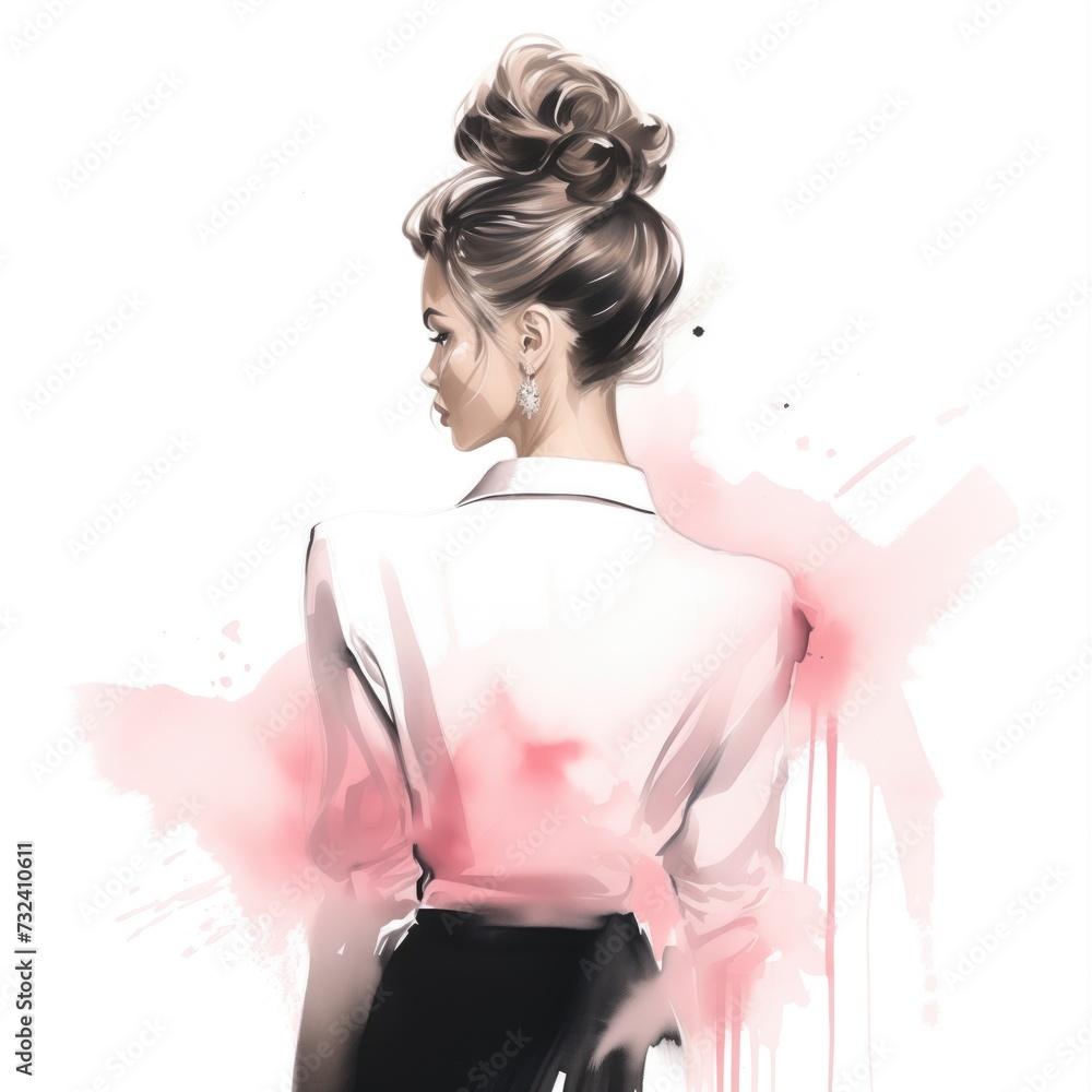 Business woman in fashion illustration style in black and pink tones and watercolor paint strokes Business woman in fashion illustration style in black and pink tones and watercolor paint strokes