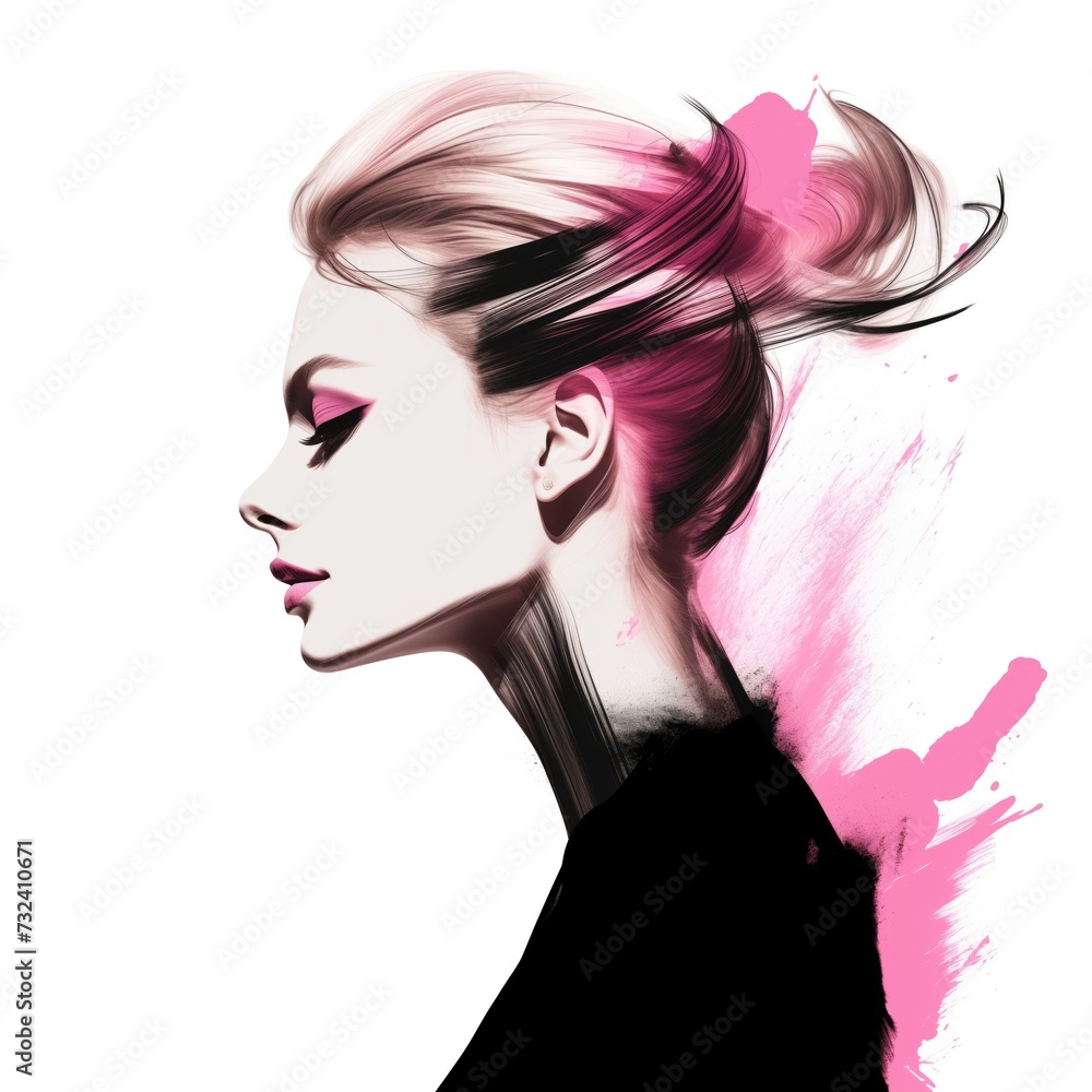 Fototapeta premium Business woman in fashion illustration style in black and pink tones and watercolor paint strokes.