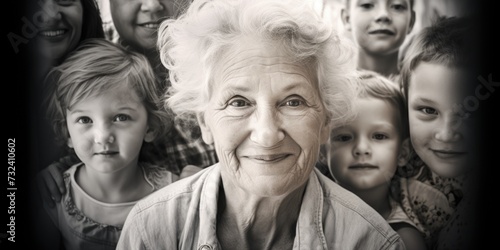 An older woman confidently stands in front of a group of children. This image can be used to represent leadership, mentoring, teaching, or guidance