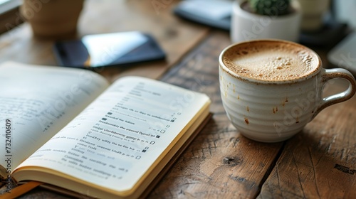 A rustic ceramic mug of frothy coffee sits next to an open notebook on a wooden table, hinting at a productive morning routine.