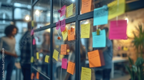 A dynamic brainstorming session in progress with colorful sticky notes on a glass wall, with team members collaborating in the background.