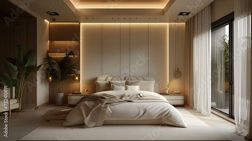 A large bed is centered in a spacious room with a white ceiling and walls with natural light.  The room has wooden floors and there are recessed lights in the ceiling.