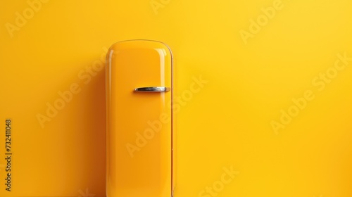 A yellow refrigerator positioned against a yellow wall. Suitable for home decor and interior design projects photo