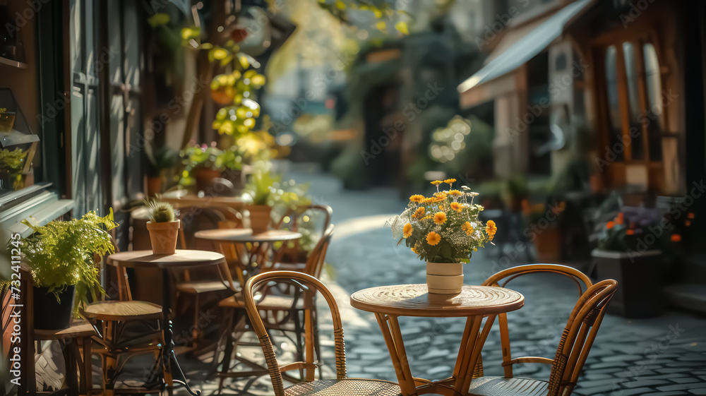 A chic Parisian café, with quaint cobblestone streets and charming outdoor seating, where fashionistas sip espresso and discuss the latest trends