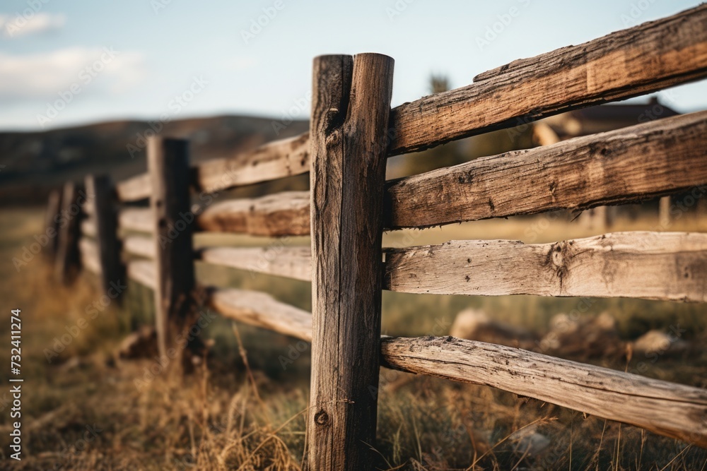 A picture of a wooden fence standing in the middle of a field. This image can be used to represent the peacefulness of rural landscapes or the concept of boundaries and protection