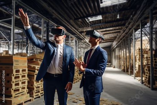 Two men in suits standing in a warehouse. Suitable for business, corporate, or industrial concepts