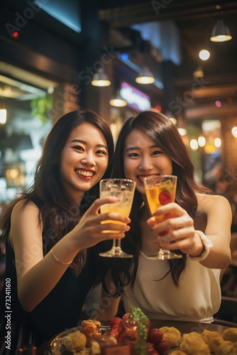 Two women are seen holding glasses of wine. This image can be used to depict friendship, celebrations, or social gatherings © Fotograf