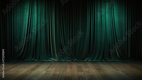 An empty stage with green curtains and a wooden floor. Perfect for theater productions or dance performances