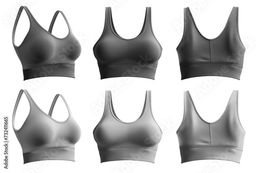 2 Set of dark light grey gray, front back side view, sports exercise bra tank crop top on transparent background cutout, PNG file. Mockup template for artwork graphic design
