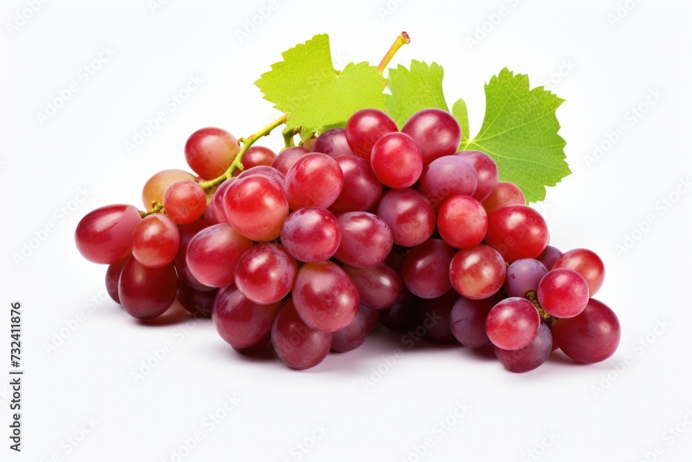 A bunch of red grapes with vibrant green leaves. Perfect for food and nutrition-related projects