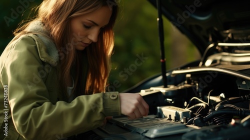 A woman is seen working on a car's engine. This image can be used to depict car maintenance and repair © Fotograf