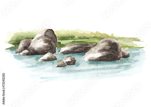 Garden pond shore. Hand drawn watercolor illustration isolated on white background
