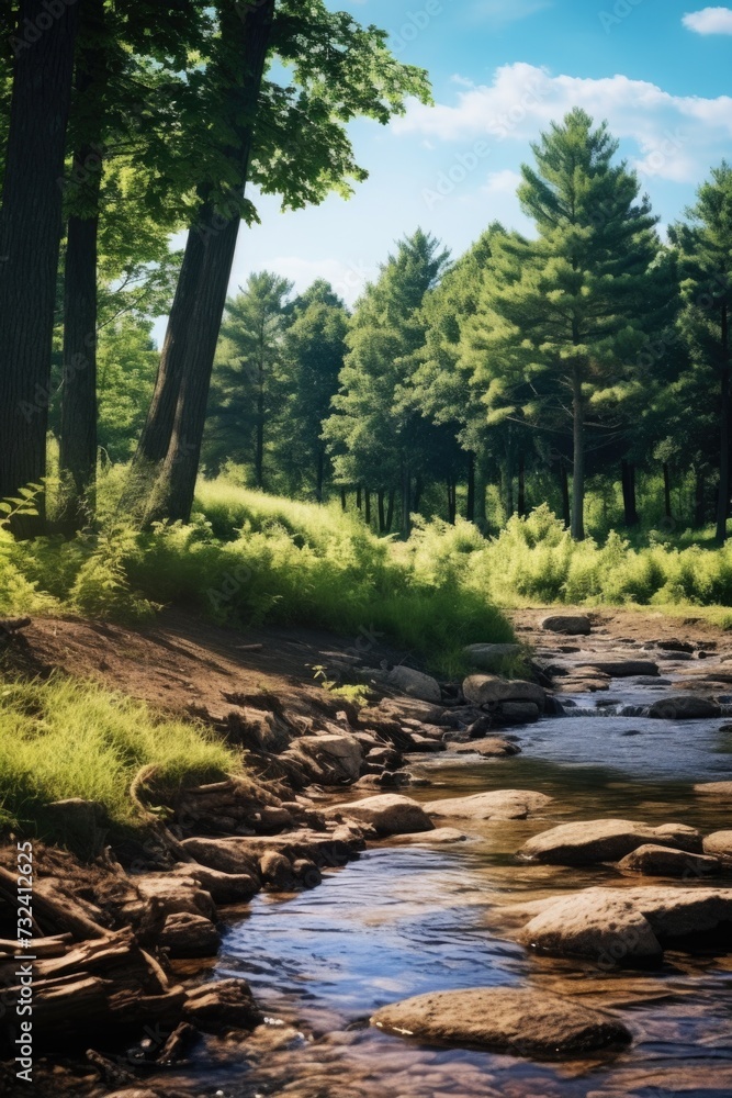 A beautiful stream flowing through a vibrant green forest. Ideal for nature and outdoor-themed designs A beautiful stream flowing through a vibrant green forest. Ideal for nature and outdoor-themed designs