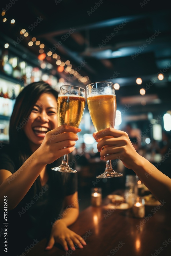 Two women raising their beer glasses in a toast at a bar. Suitable for illustrating socializing and friendship at a bar or pub