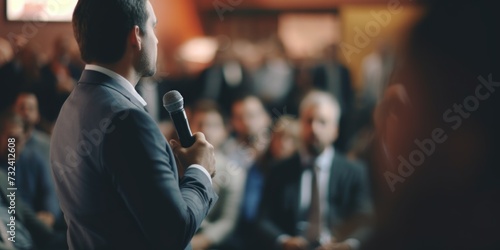 A man dressed in a suit speaking into a microphone. Ideal for presentations, public speaking events, conferences, or podcasts