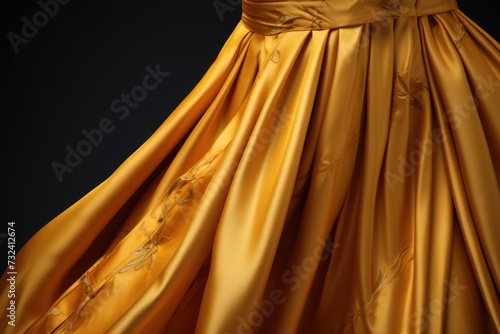 A woman wearing a stunning gold dress stands against a dramatic black background. Perfect for fashion, glamour, or evening event themes