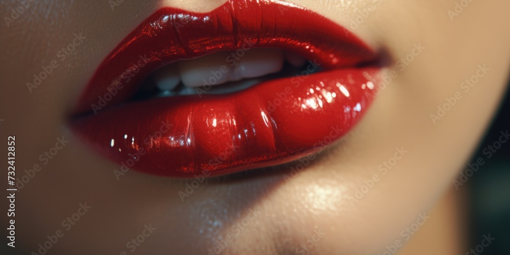 Obraz premium Close-up shot of a woman's lips with vibrant red lipstick. Perfect for beauty and fashion-related projects