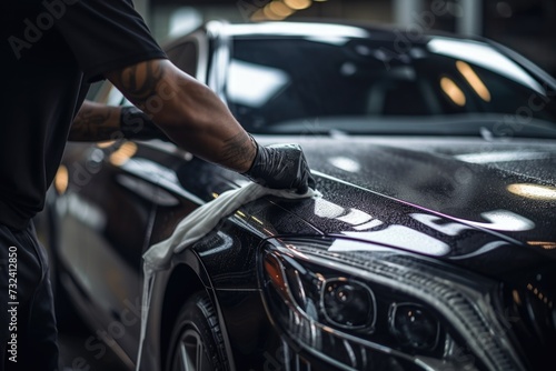 A man is seen waxing a car using a cloth. This image can be used to illustrate car maintenance and care